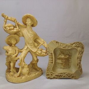 Chinese Fisherman And Boy Resin Statue Figure Pagoda Ashtray Vintage 1970s